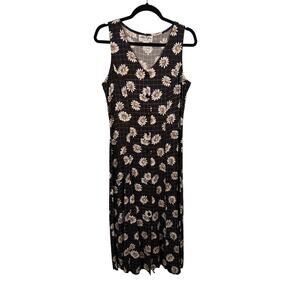 Alix Taylor Dress Womens 10 Black Vintage 90s Daisy Floral Midi Sundress V Neck